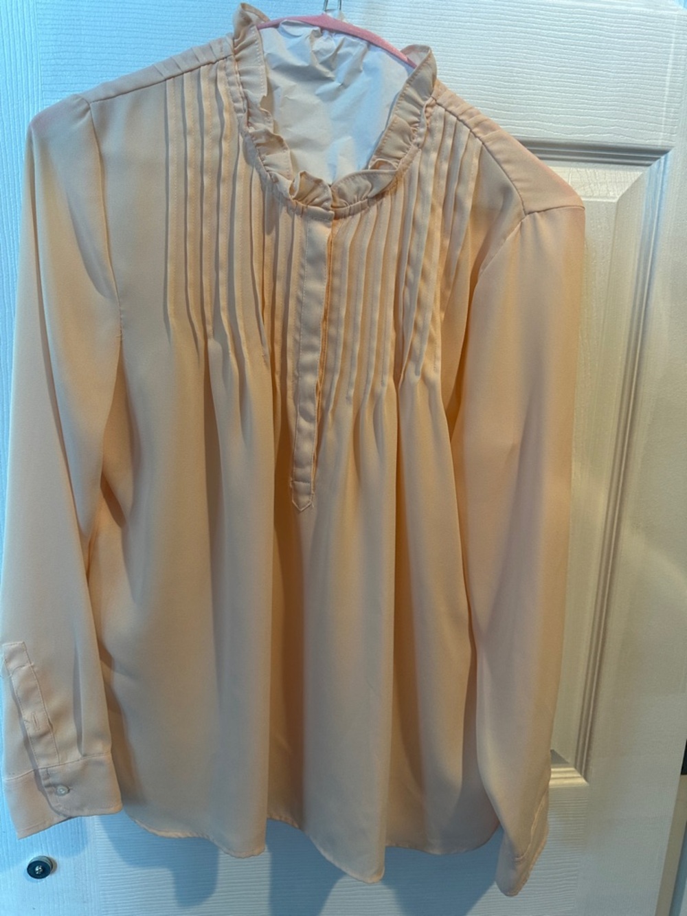 J. Crew Factory Pale Peach Pintuck Ruffle Neck Blouse